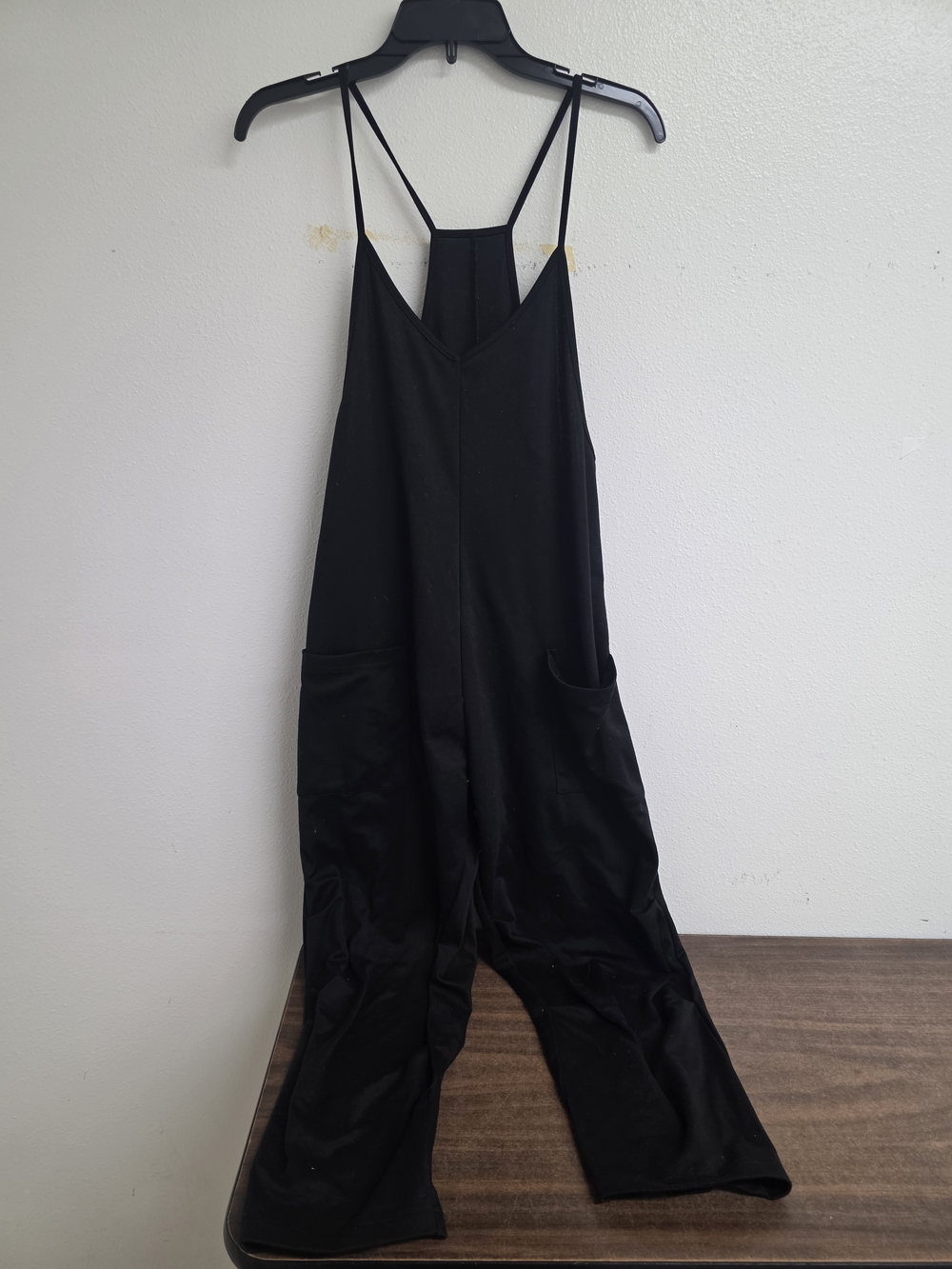 Casual Black Strappy Wide-Leg Jumpsuit with Front Pockets (0723)